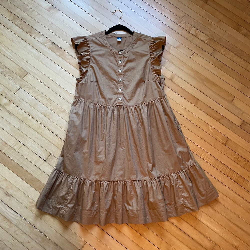 OLD NAVY Ruffle Sleeve Hem Dress Button Placket Tiered Pockets Cotton Polplin